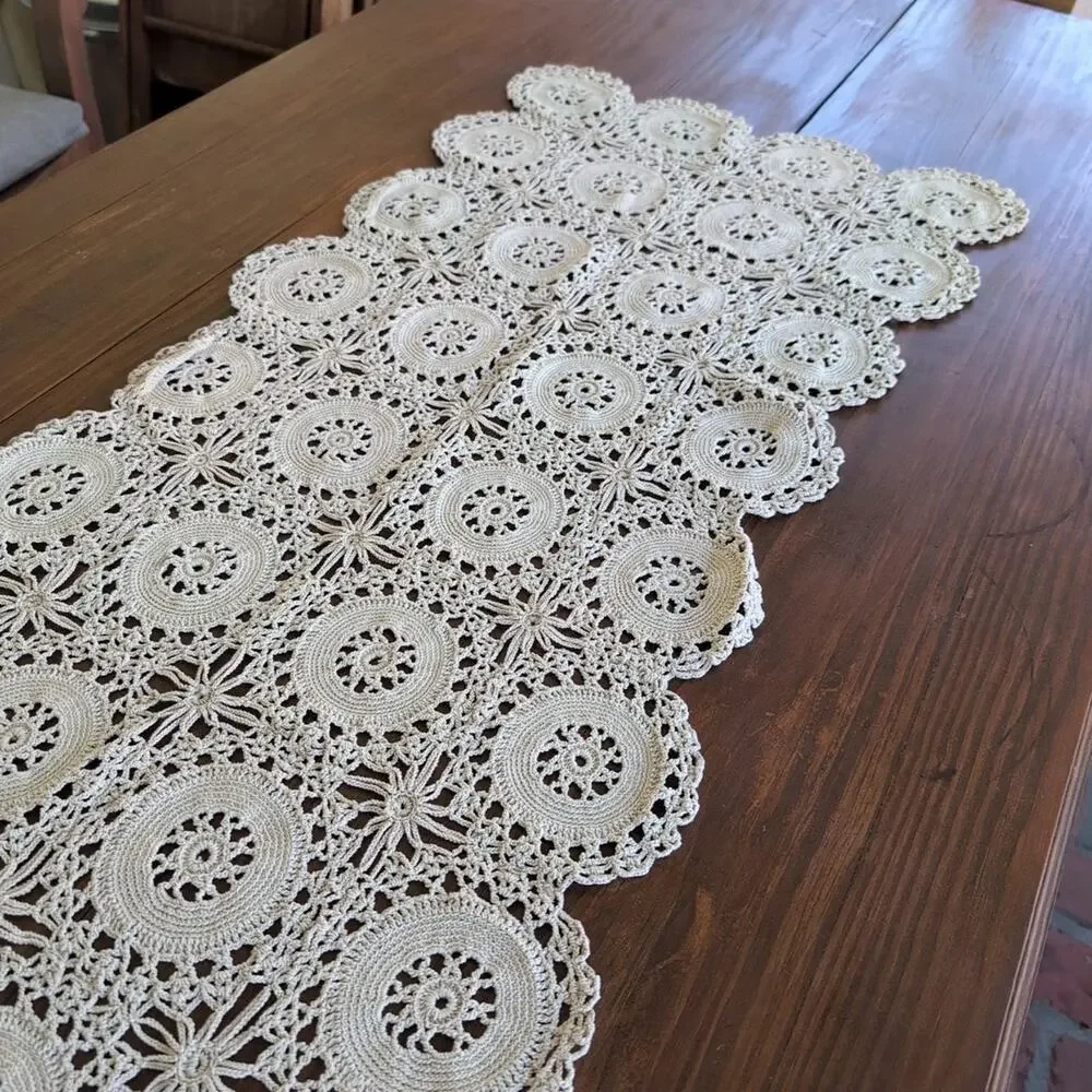 Vintage Handmade Crocheted Cotton Table Runner - Dresser Scarf, 19
